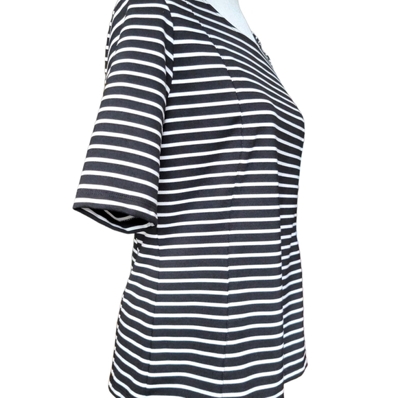 Anne Klein Black & White Stripeed Blouse Fitted Exposed Zip Elbow Sleeve Size LP - Picture 5 of 14